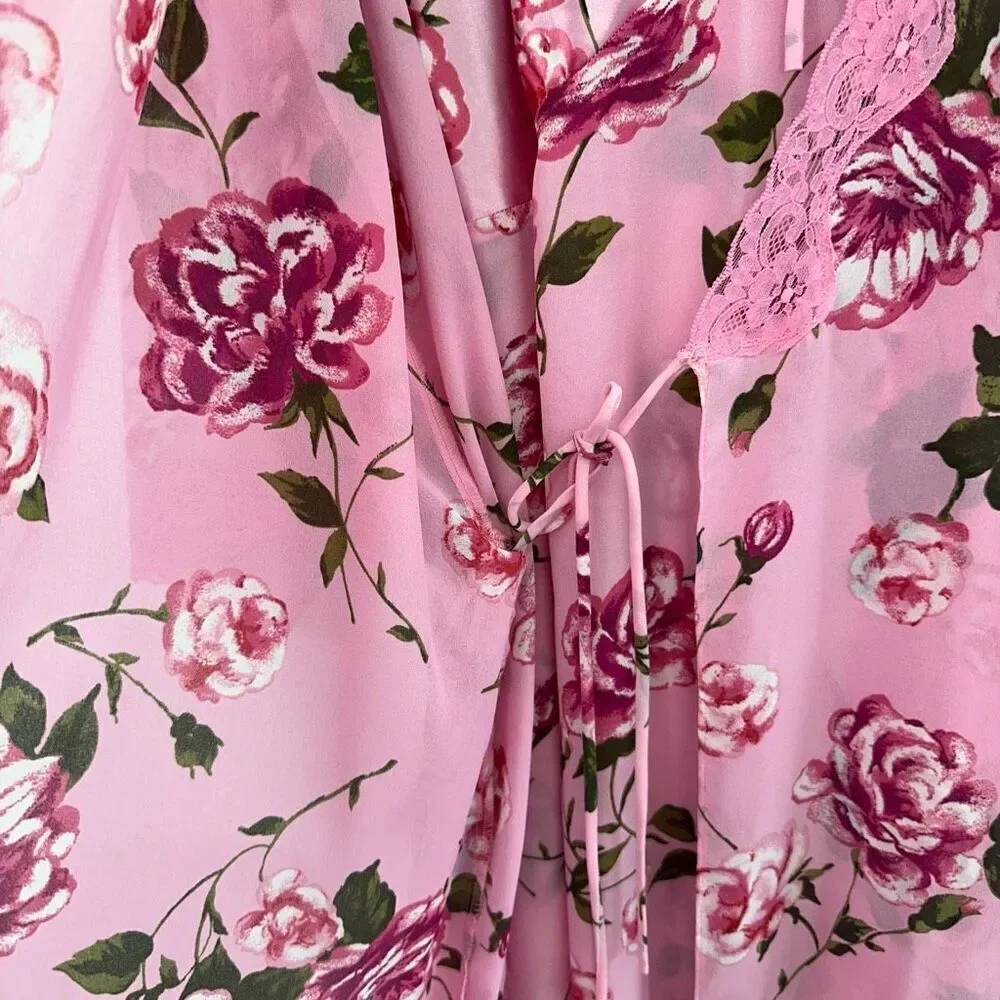 Woman Within Vintage Y2K 2 Piece Rose Printed Pink Lace Trim Slip Dress Robe Int